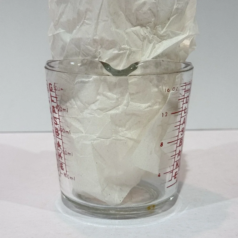 Vintage Glasbake 2 Cup Glass Measuring Cup w‎ Handle & Pour Spout Red Letters